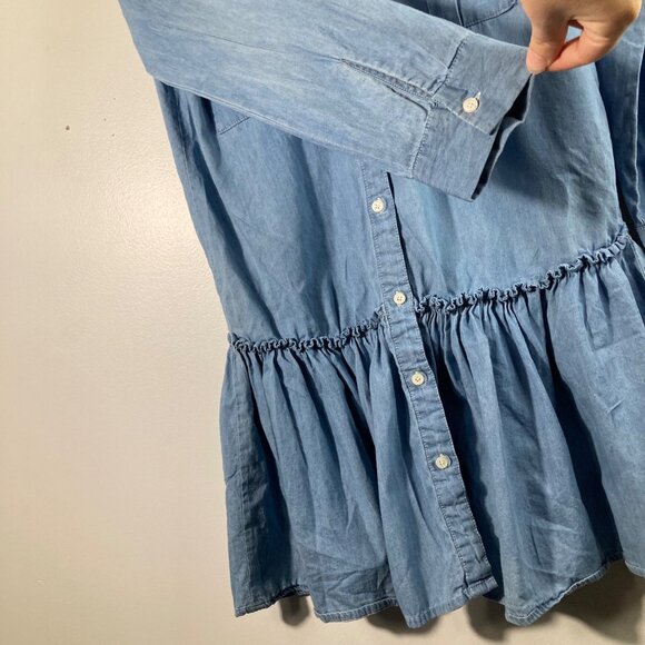 Womens Belle Tweed Chambray Denim Dress Peplum Long Sleeve M Blue Cotton Button - Picture 3 of 5